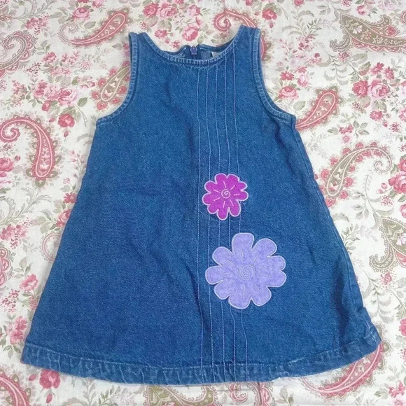 Vintage Other - Vintage Maggie & Zoe Little Girl Baby Denim Dress Purple Flowers 18M